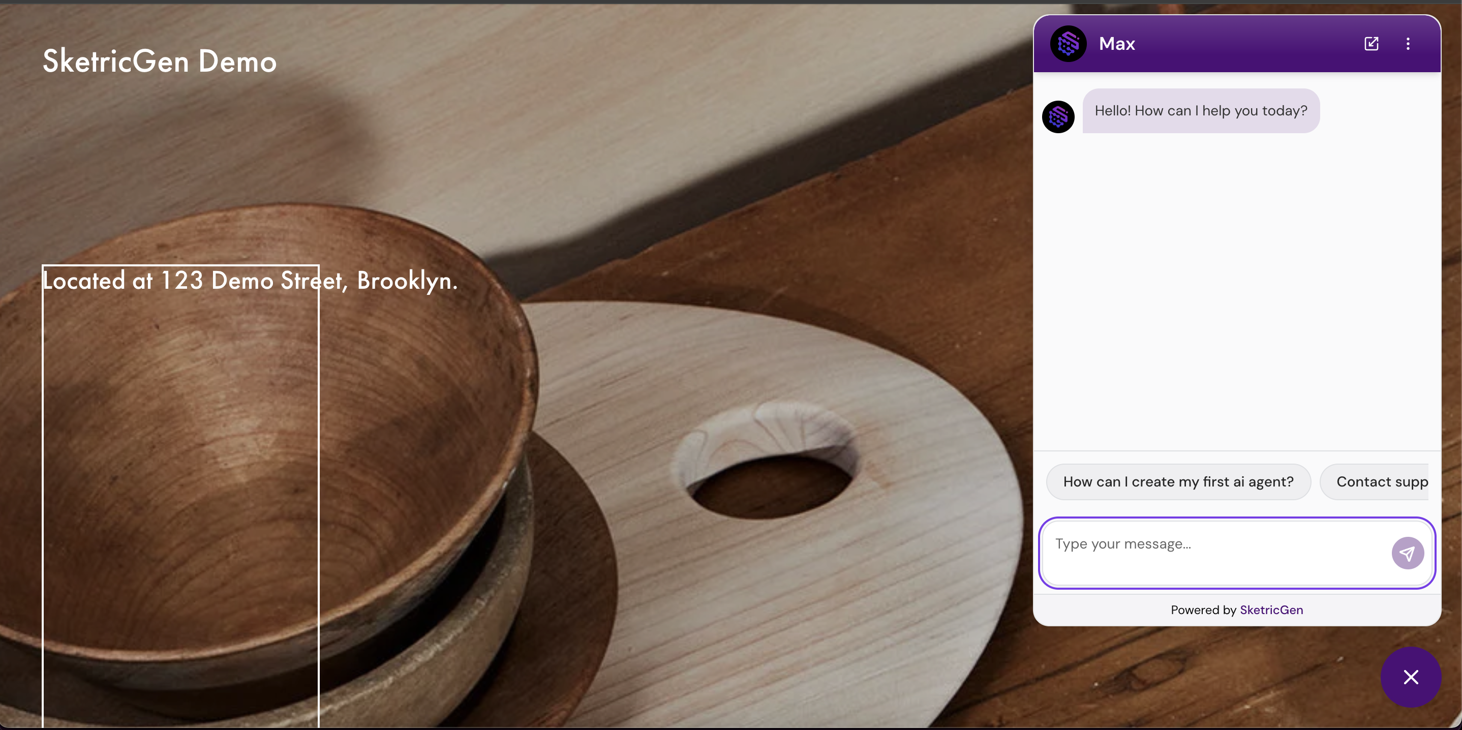 Screenshot showing Squarespace site with embedded SketricGen chat widget