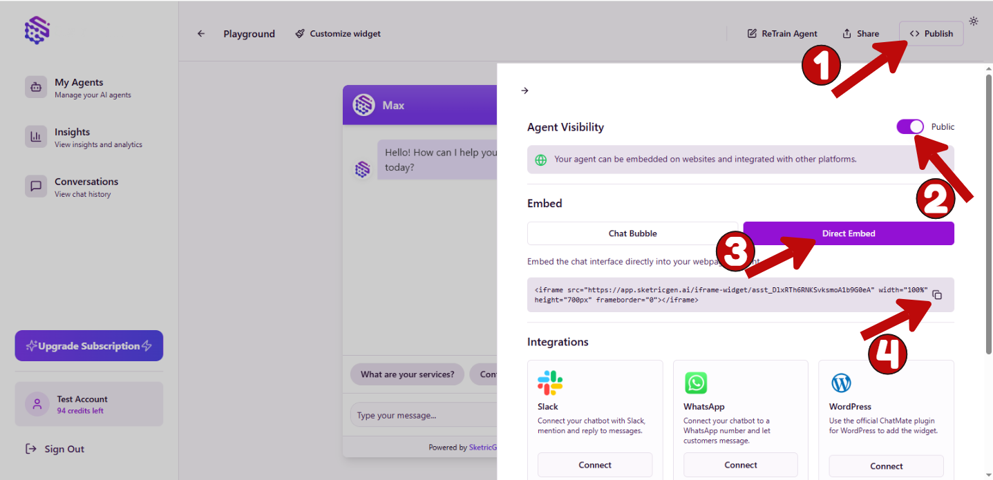 Screenshot showing SketricGen Direct Embed iframe code copy interface
