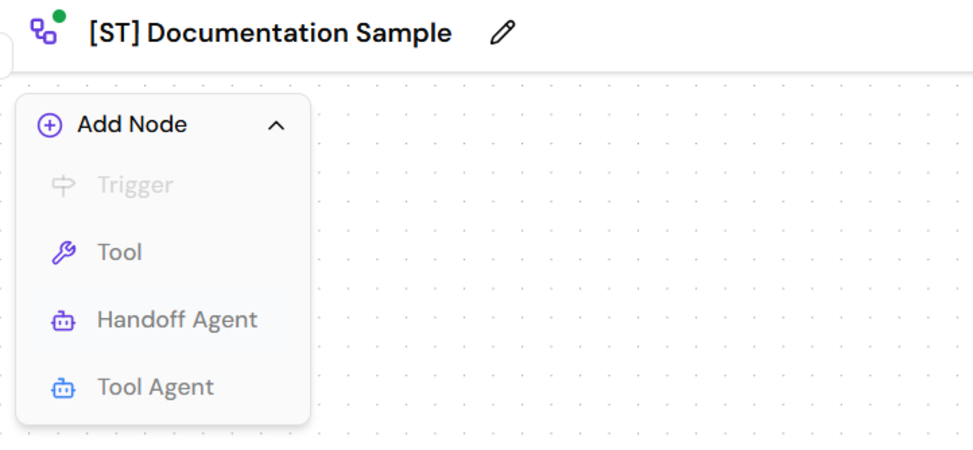 Screenshot showing the "Add Node" interface with options for Agent, Tool, and Handoff