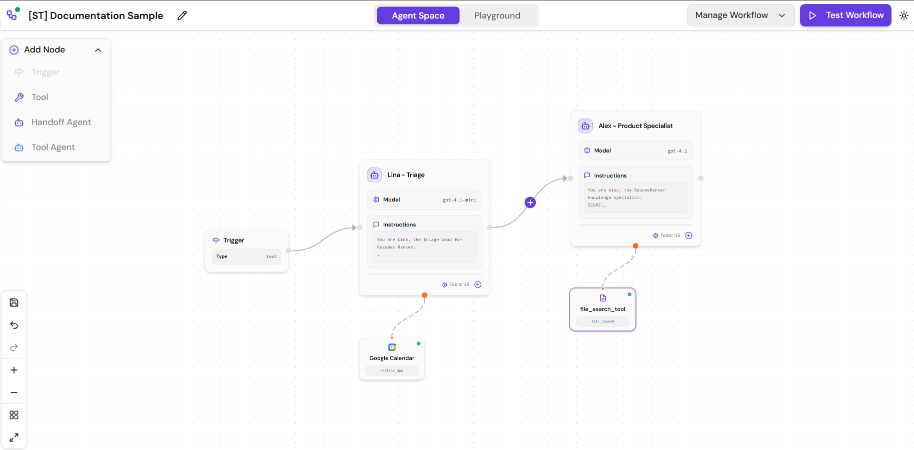 AgentSpace Canvas hero image showing the visual drag-and-drop interface for building multi-agent workflows