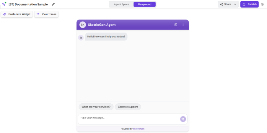 Screenshot showing the playground interface for testing agent workflows with input/output