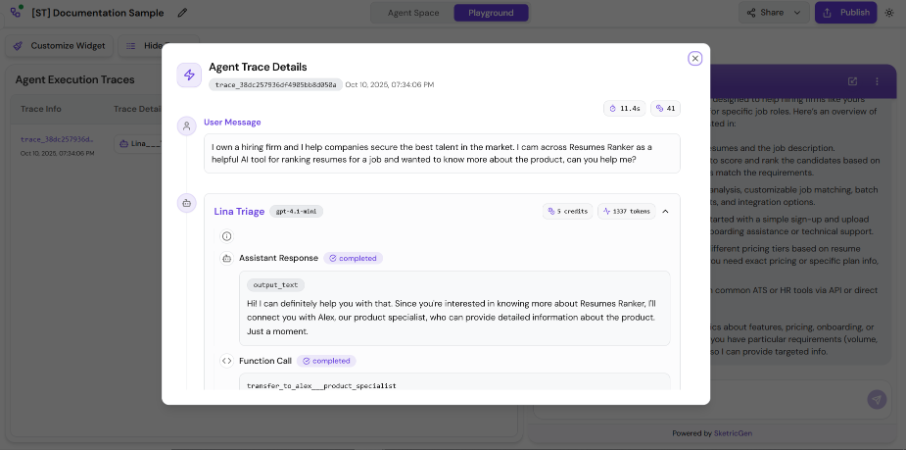 Screenshot showing the traces interface displaying conversation flow, agent interactions, and performance metrics
