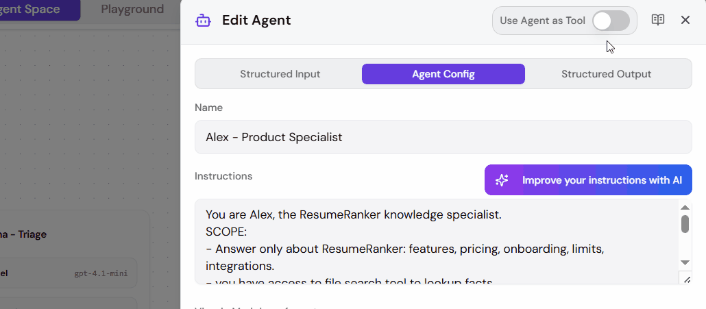 Screenshot showing agent-as-tool configuration interface for using agents as reusable tools
