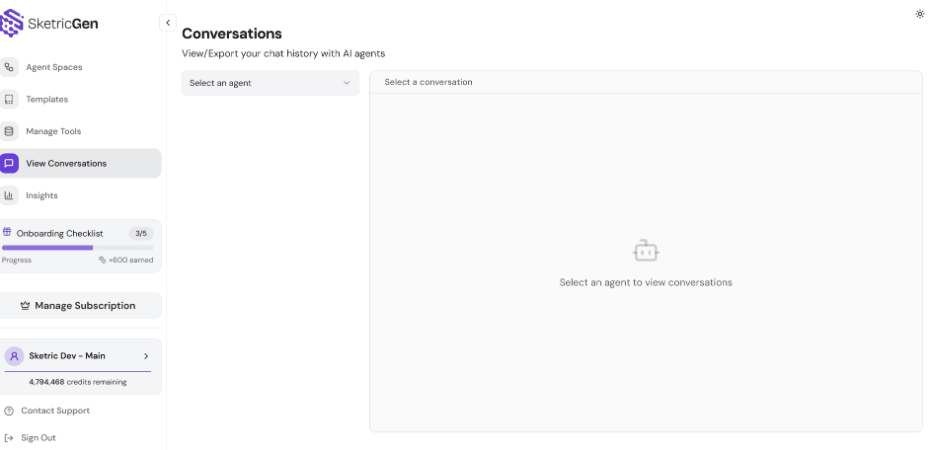 Animated GIF showing conversation details interface with message history, agent interactions, and trace information