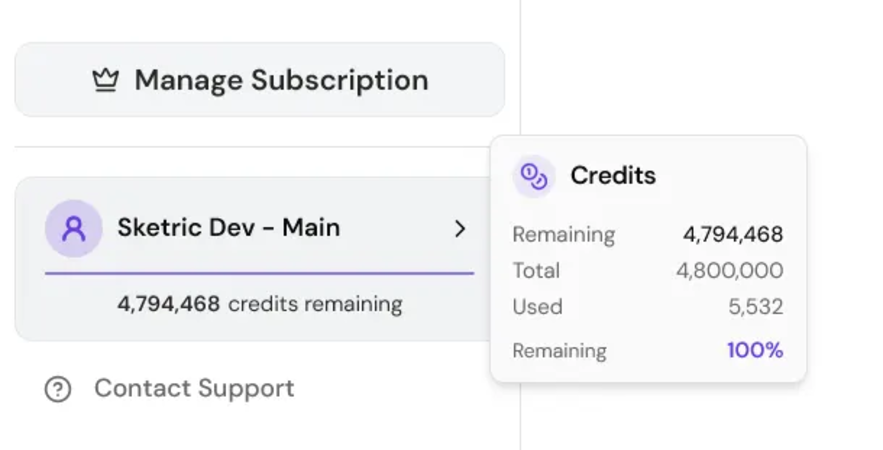 Screenshot showing credits usage interface with consumption tracking, billing information, and usage limits