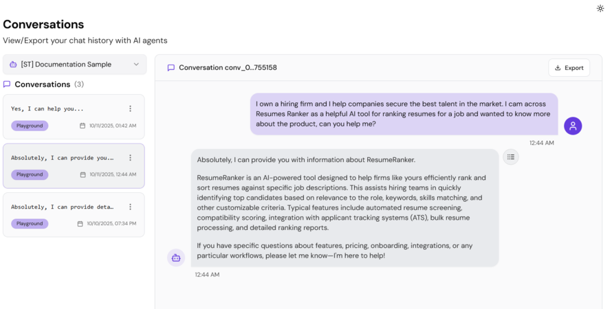 Screenshot showing the conversations list interface with search, filters, and conversation history