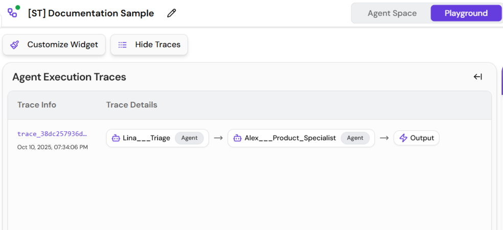 Screenshot showing trace explorer interface displaying agent execution flow, handoffs, and performance metrics