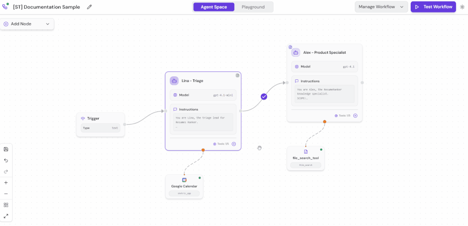 Animated GIF showing structured data flow between agents with input/output schema validation