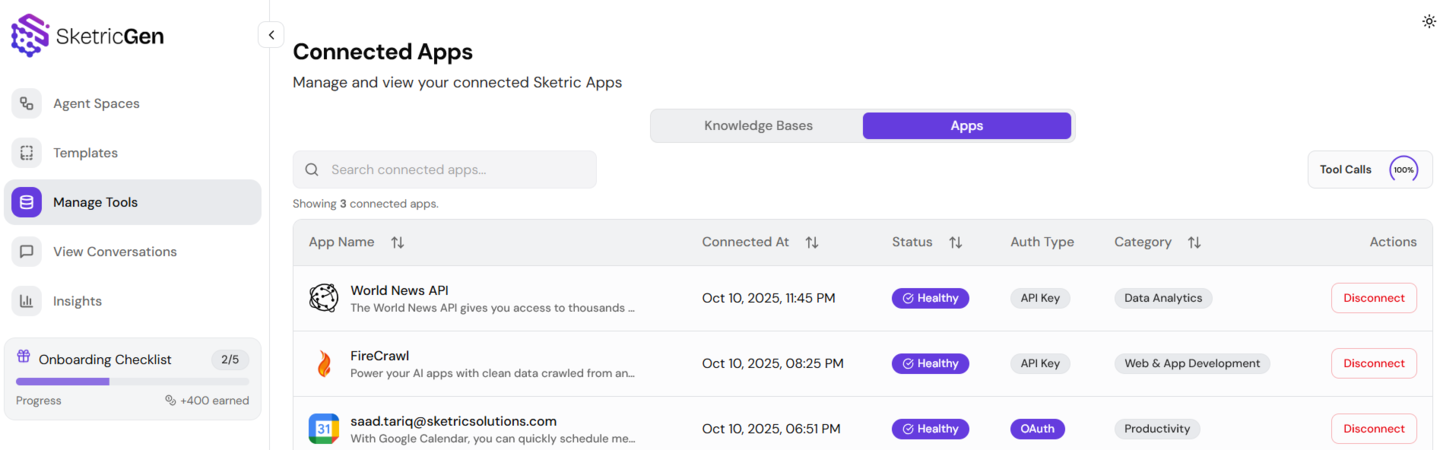 Screenshot showing Sketric App Marketplace interface with available third-party integrations and apps