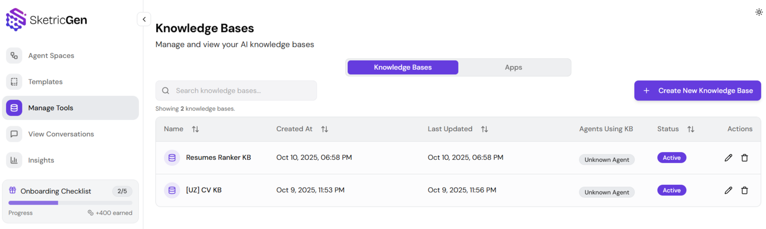 Screenshot showing knowledge base tool interface with document upload and search capabilities
