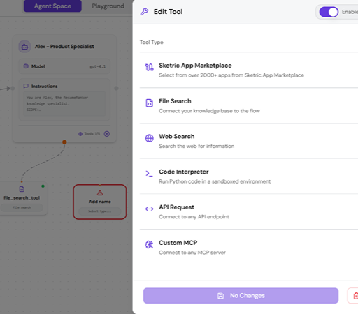 Tools sidebar interface showing available tools including File Search, Web Search, Code Interpreter, API Request, and Custom MCP