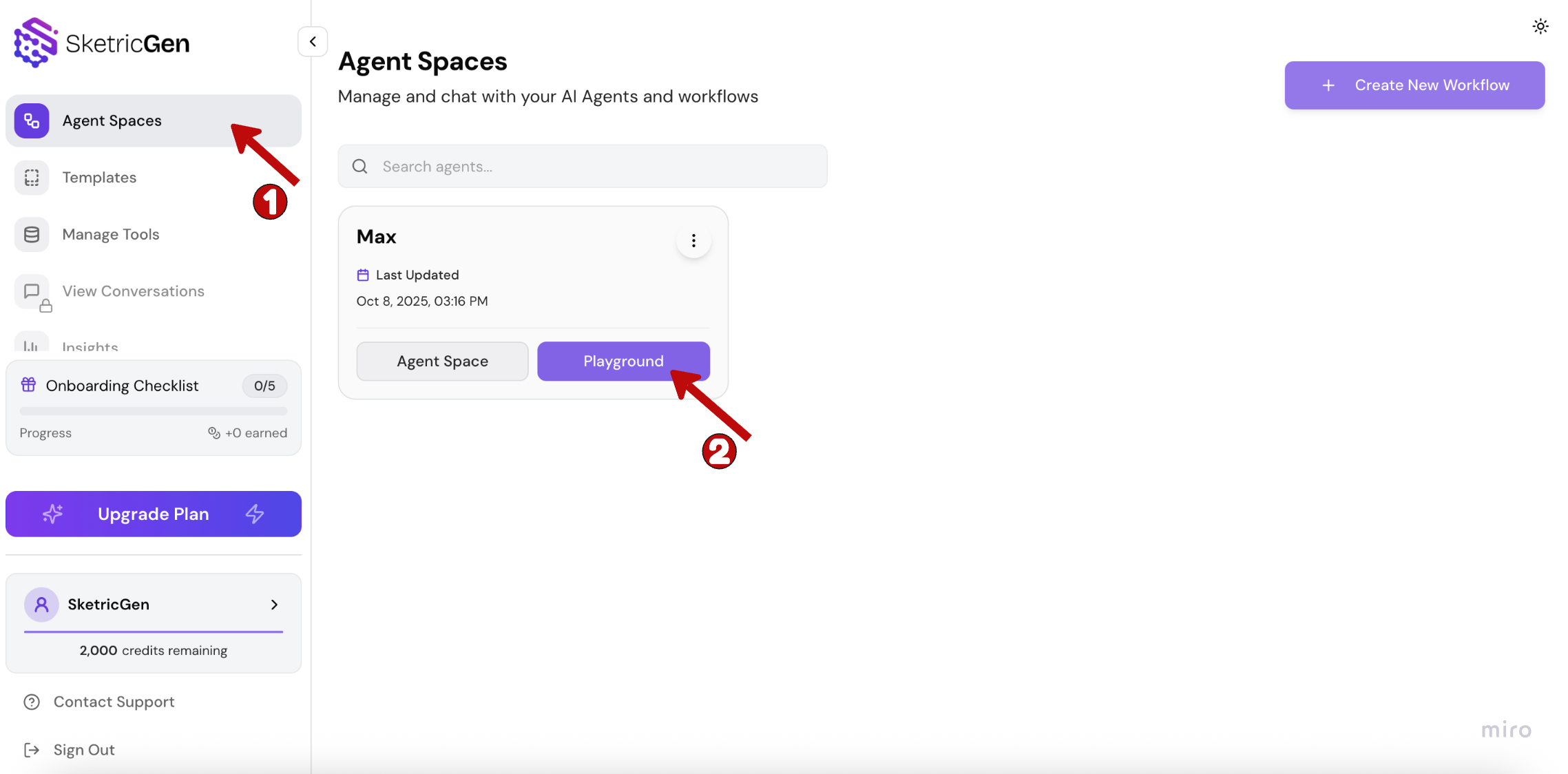 Screenshot showing SketricGen Agent Spaces with Playground button for WhatsApp integration
