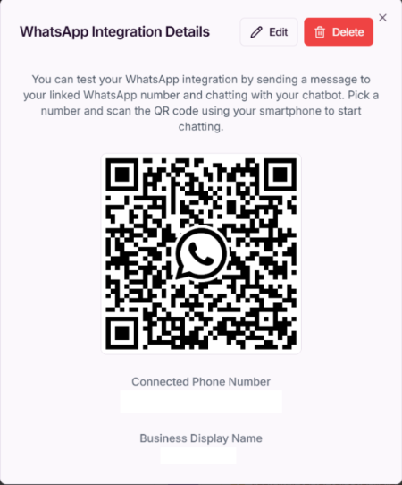 Screenshot showing WhatsApp integration completion and testing interface