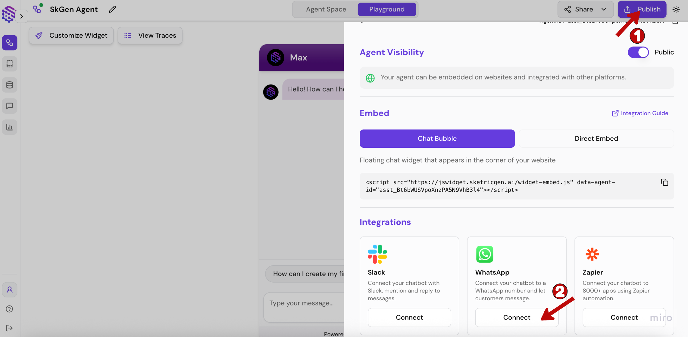 Screenshot showing WhatsApp integration panel with Connect button in the Publish sidebar