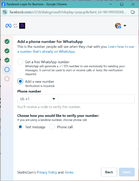 Screenshot showing WhatsApp Business API configuration panel