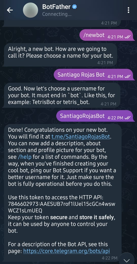 Screenshot showing BotFather interface for creating a Telegram bot and generating a bot token