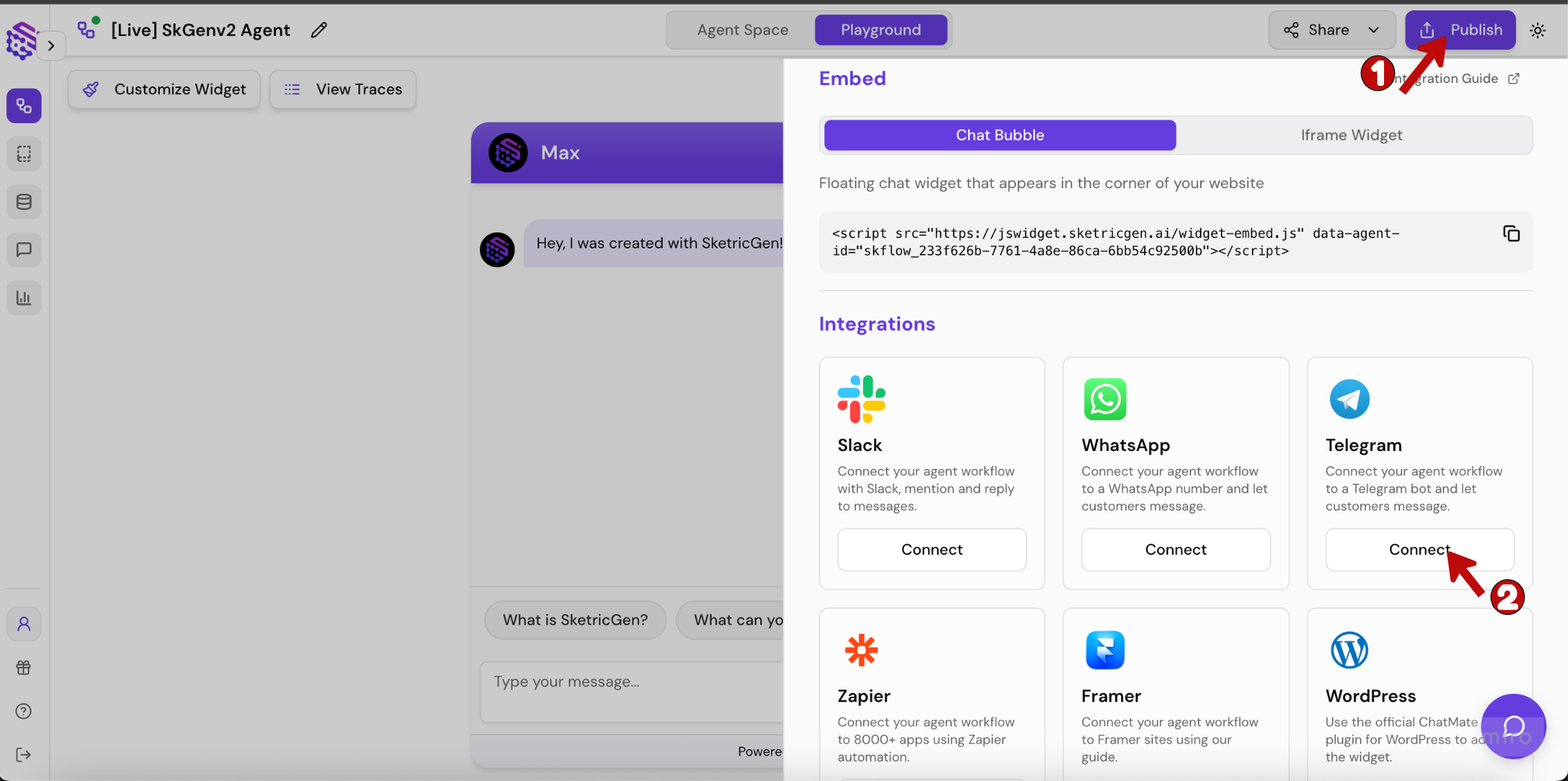 Screenshot showing SketricGen Telegram integration panel with Connect button in the Publish sidebar