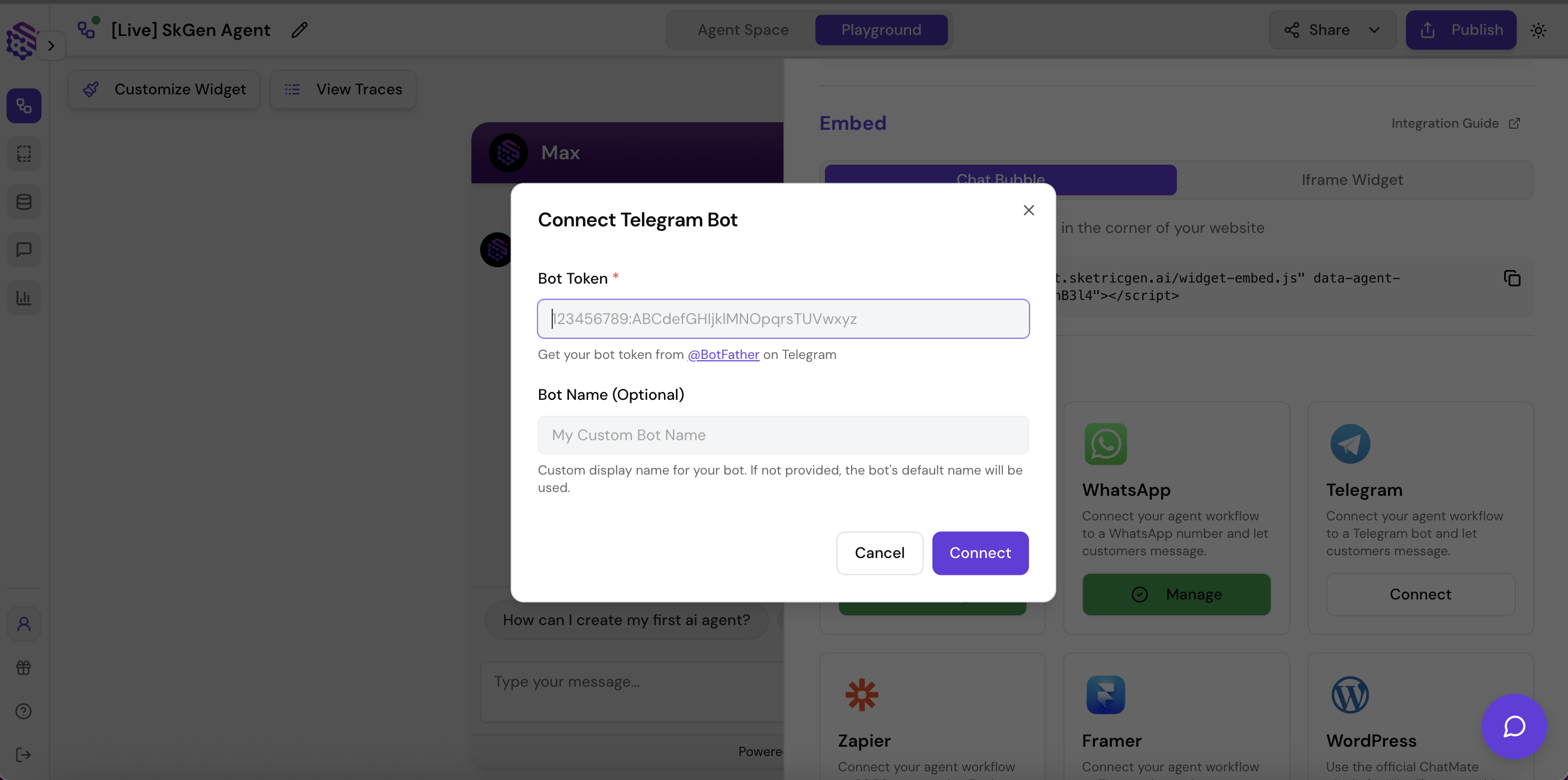Screenshot showing Telegram bot token input field in SketricGen integration interface