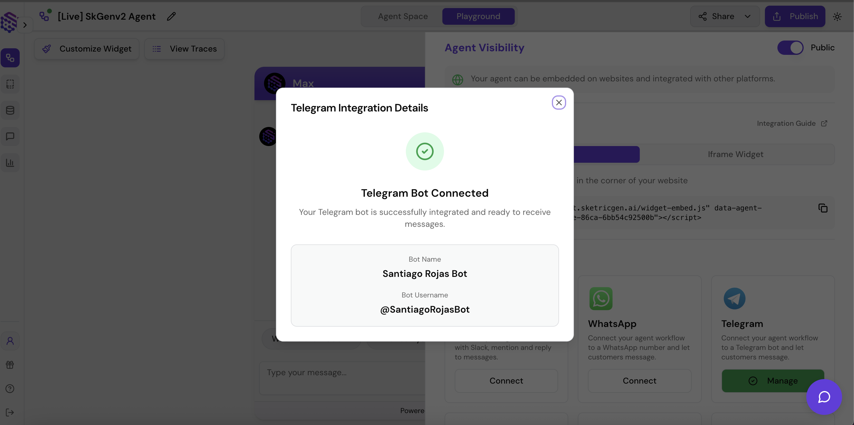 Screenshot showing SketricGen Telegram integration panel with Manage button after successful connection