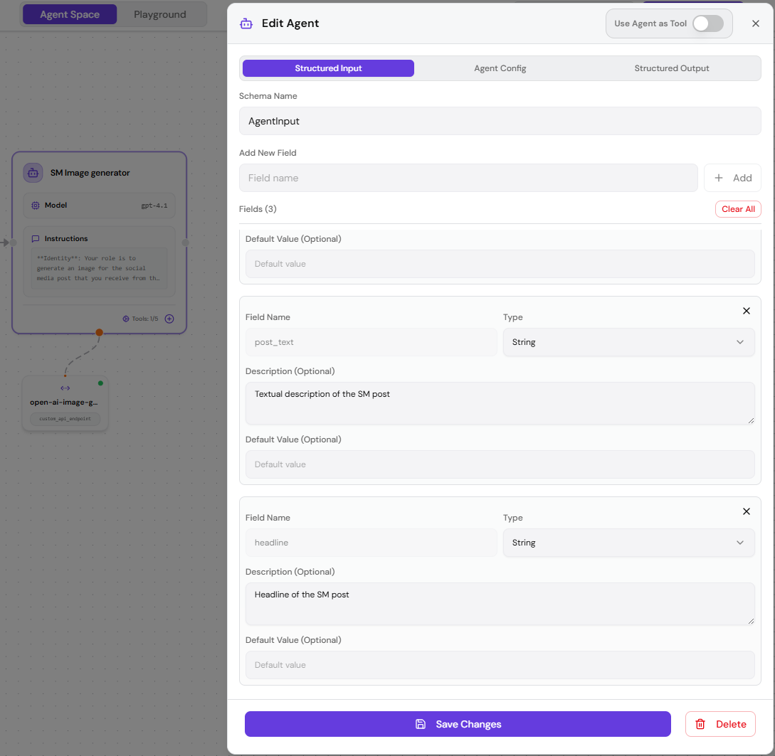 Structured input interface showing how to define input schemas for agents