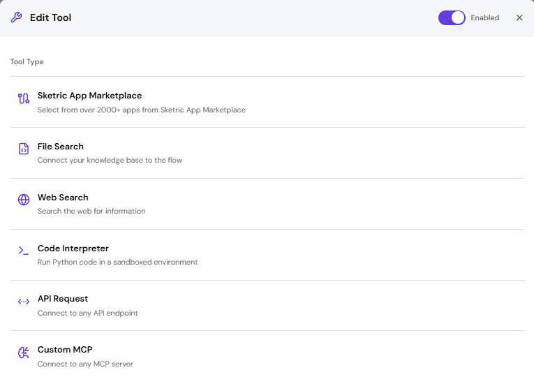 Tools marketplace interface showing available tools including Sketric App Marketplace, File Search, Web Search, Code Interpreter, API Request, and Custom MCP