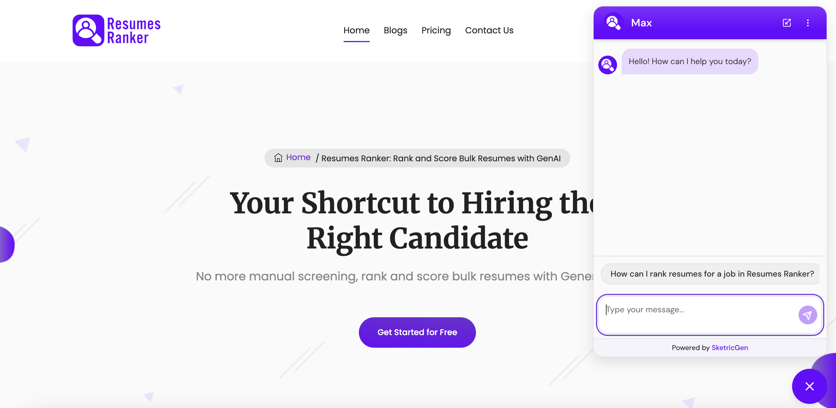 Screenshot showing custom website with embedded SketricGen floating chat widget