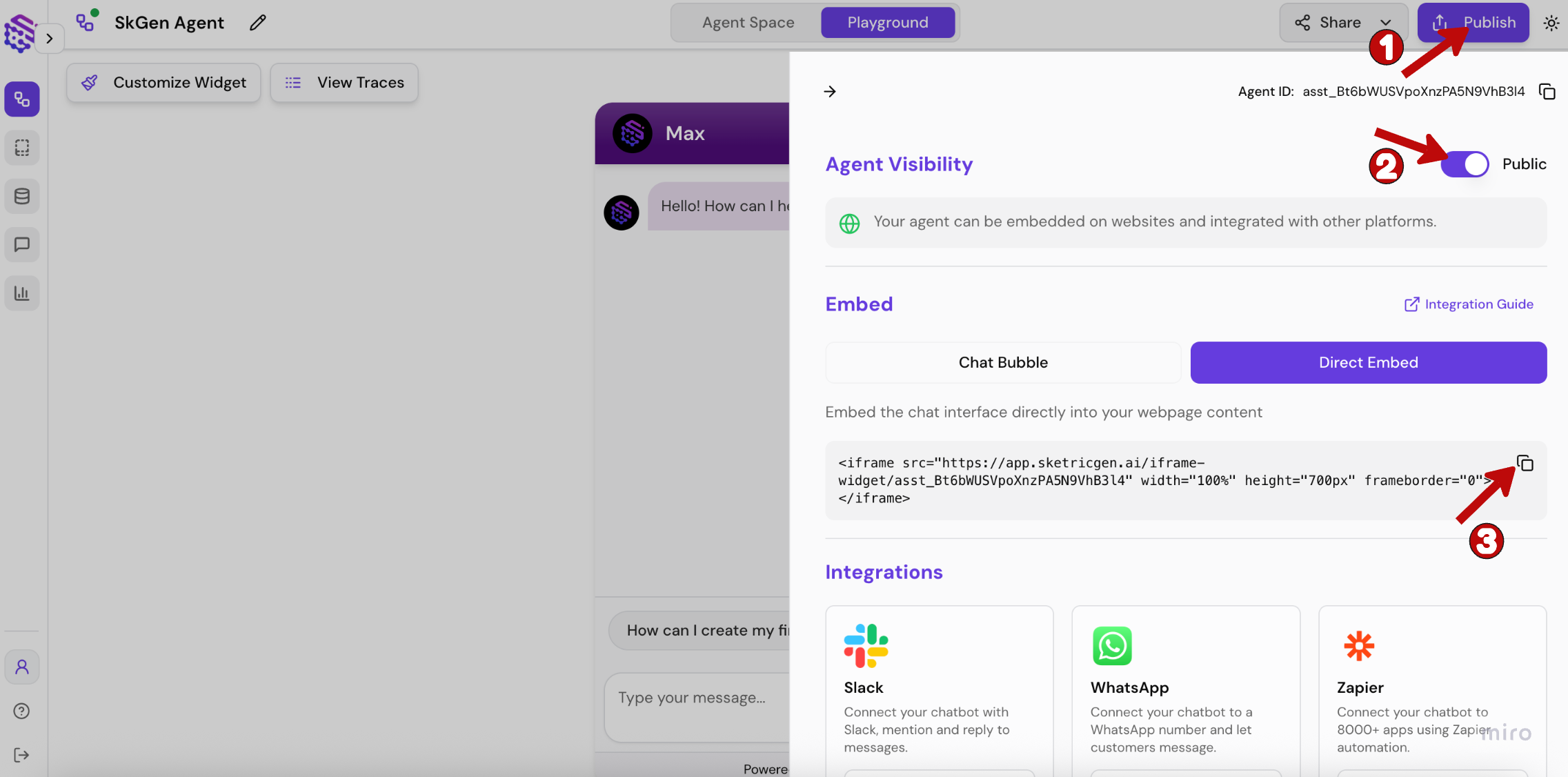 Screenshot showing SketricGen Direct Embed iframe code copy interface
