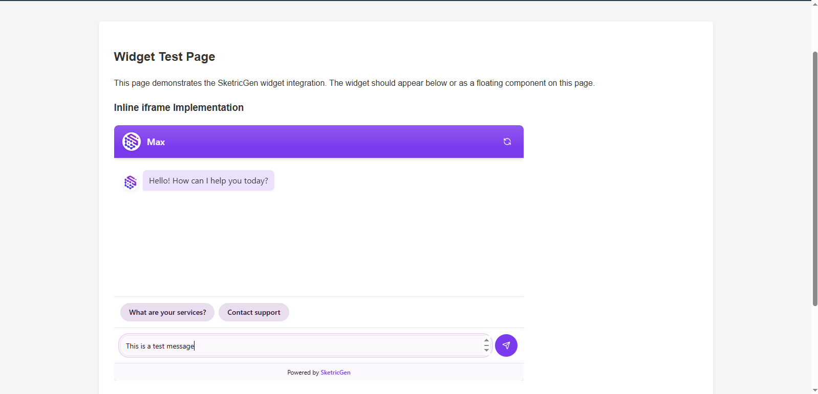 Screenshot showing custom website with embedded SketricGen iframe widget