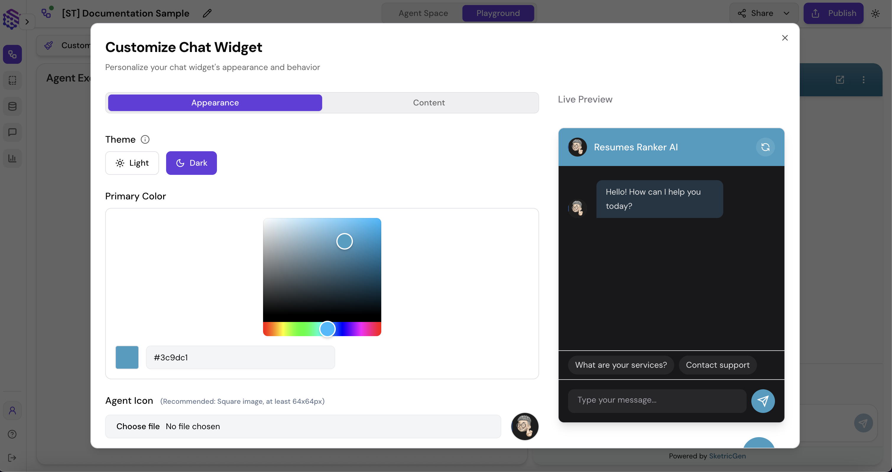 Screenshot showing the widget design interface with logo upload, brand colors, greeting message, and callouts configuration