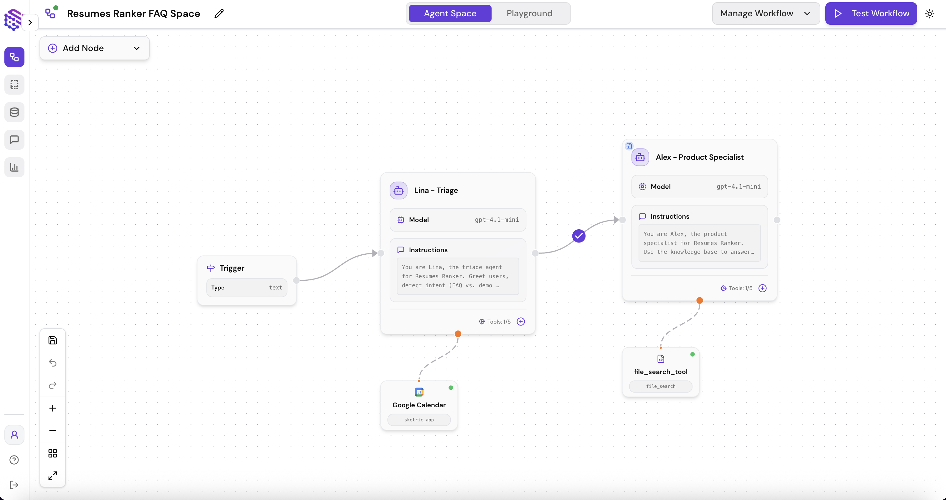 Screenshot showing the AgentSpace canvas with Lina and Alex agents connected by a handoff edge