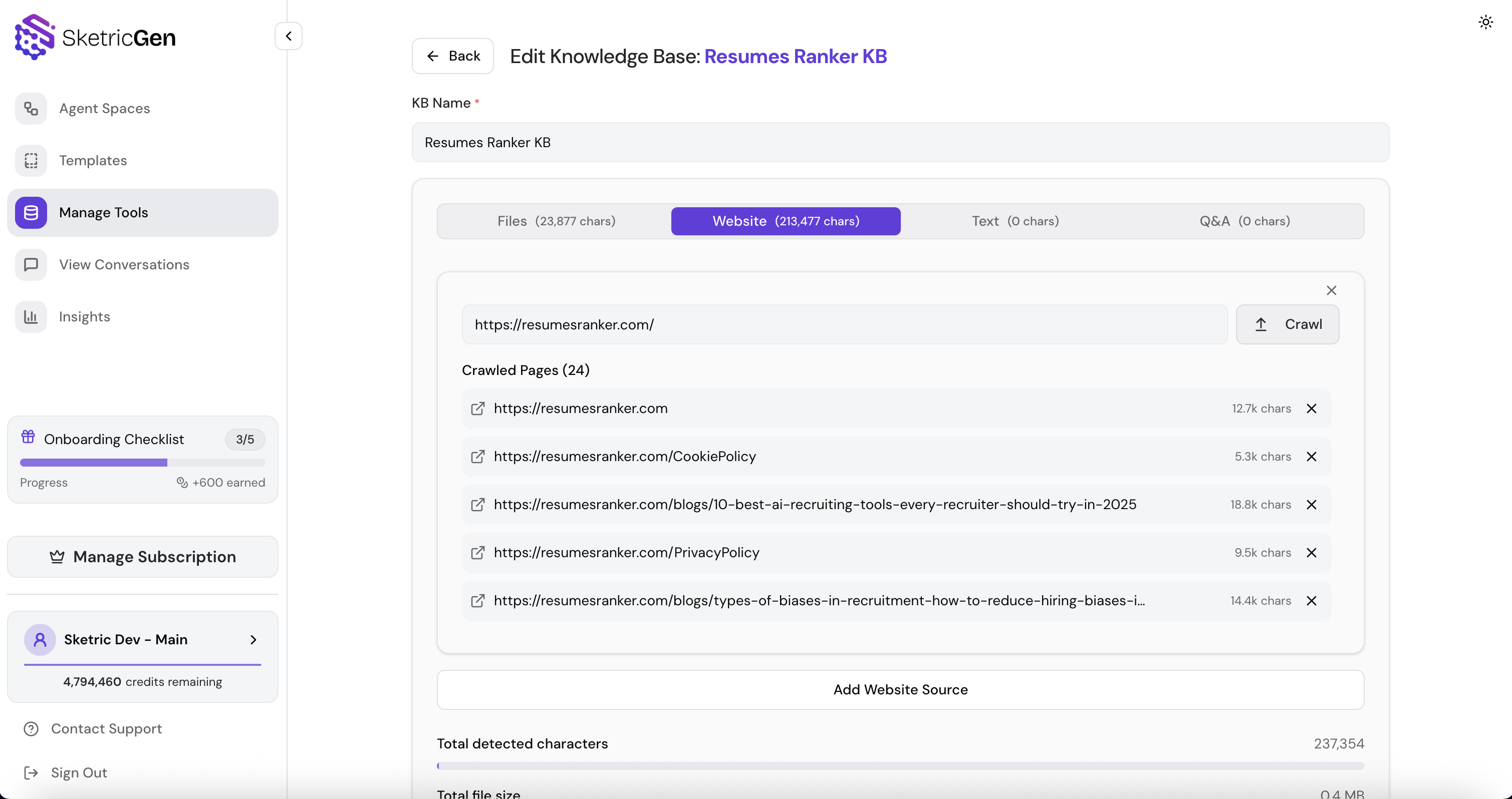 Screenshot showing the knowledge base creation interface with website crawling option