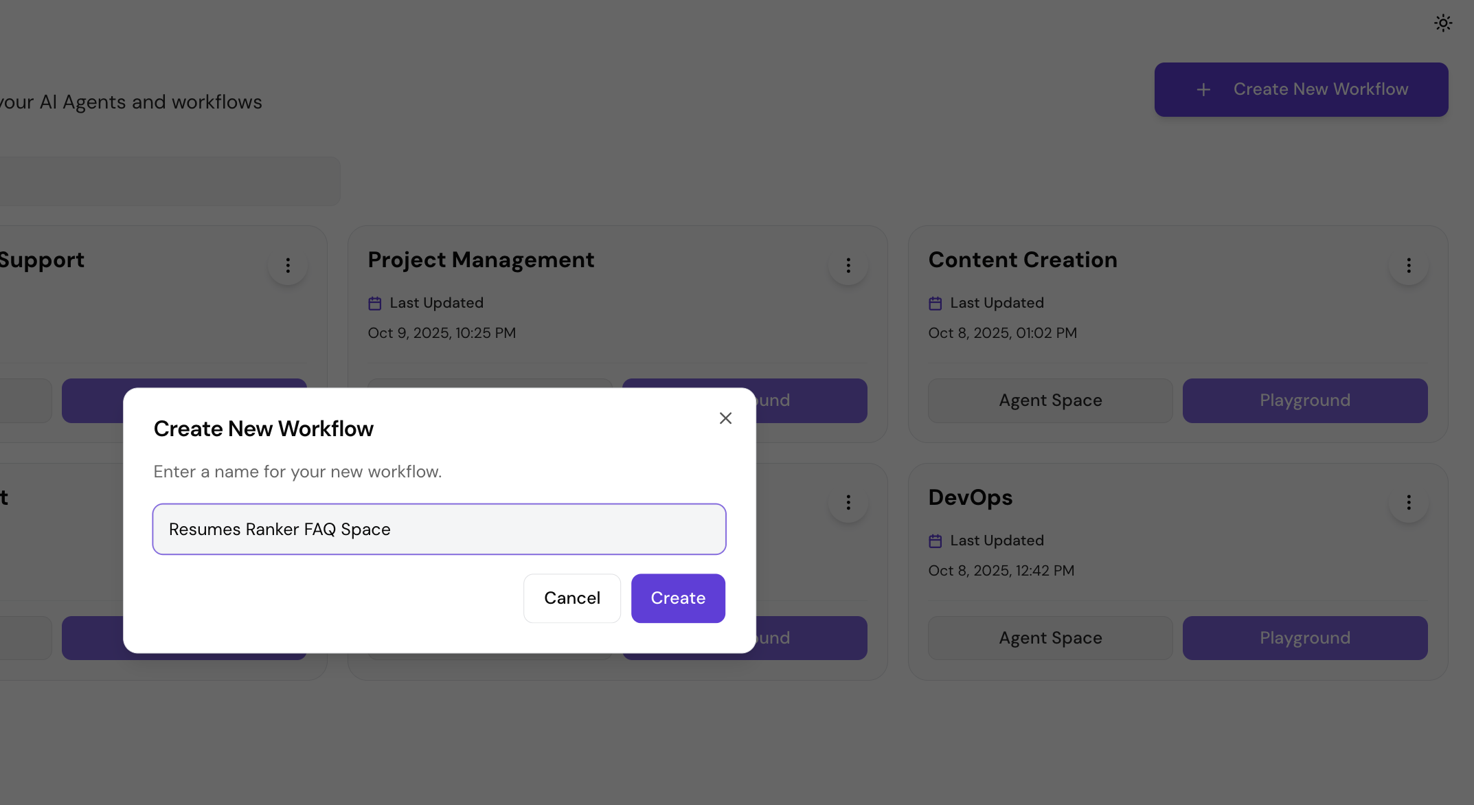 Screenshot showing the AgentSpace creation interface with "New" and "Blank" options