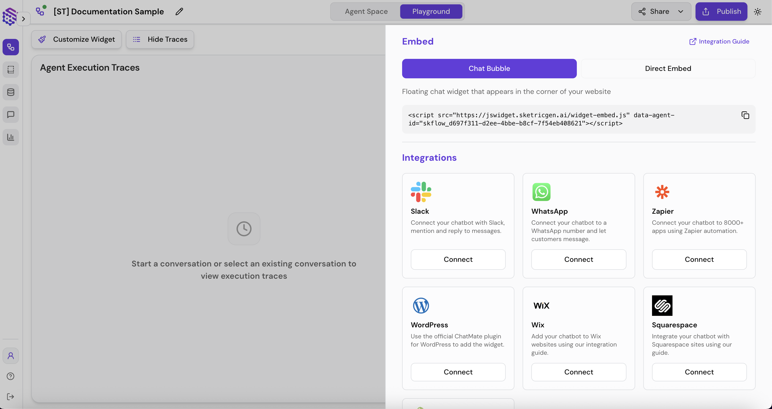 Screenshot showing the publish workflow interface with Chat Bubble option and embed code snippet