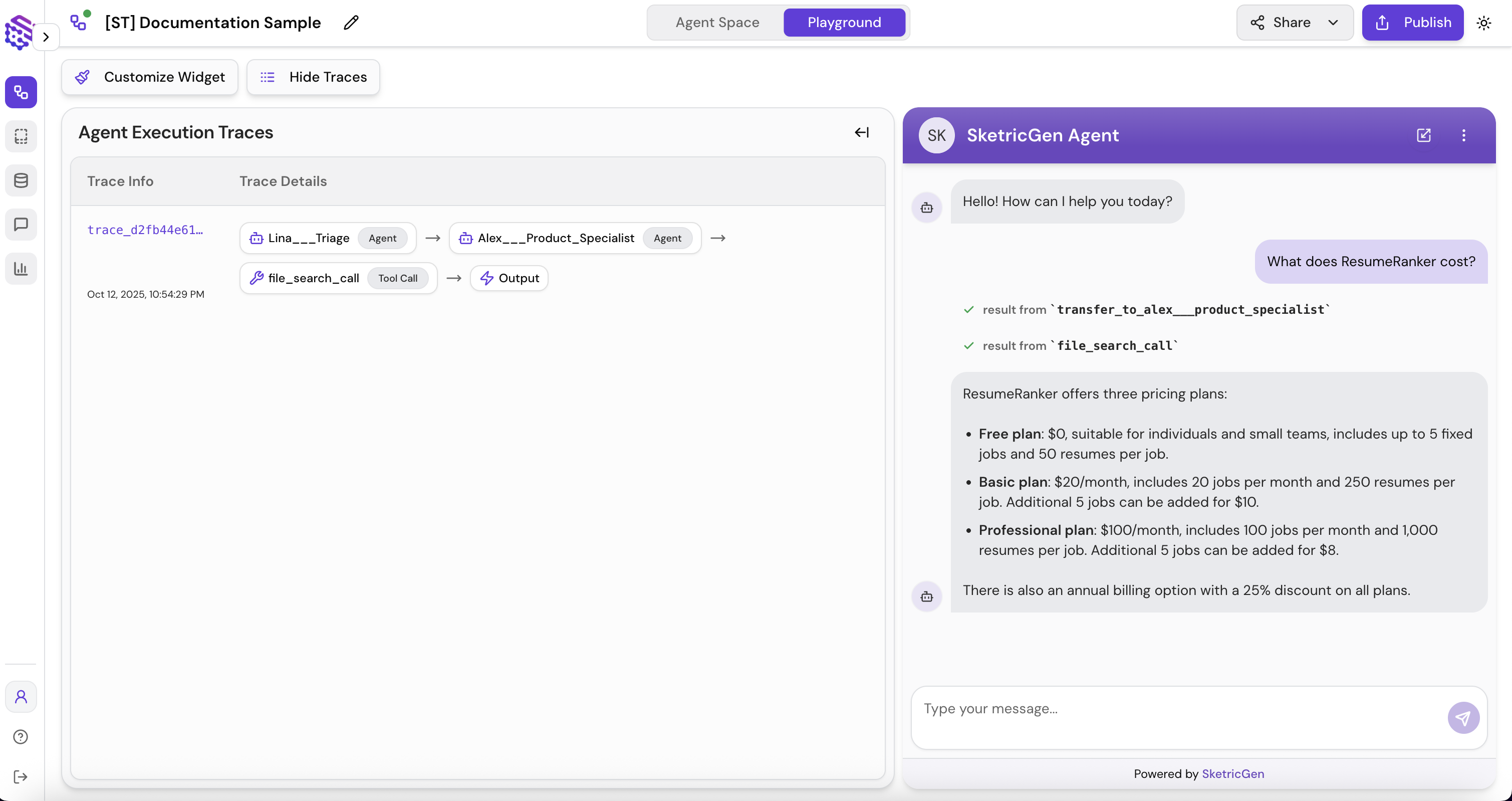 Screenshot showing the Trace Explorer interface displaying agent steps, tool calls, durations, and credit consumption