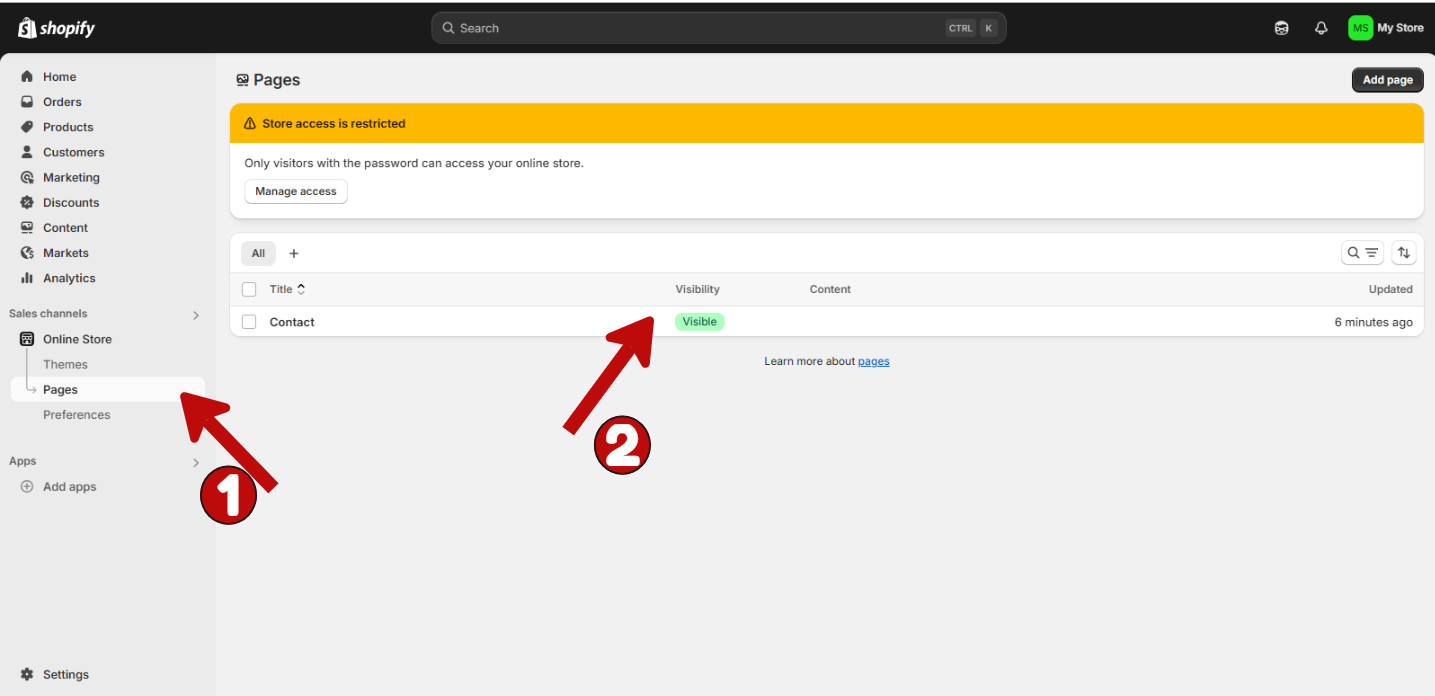 Screenshot showing Shopify admin dashboard with Online Store > Pages navigation