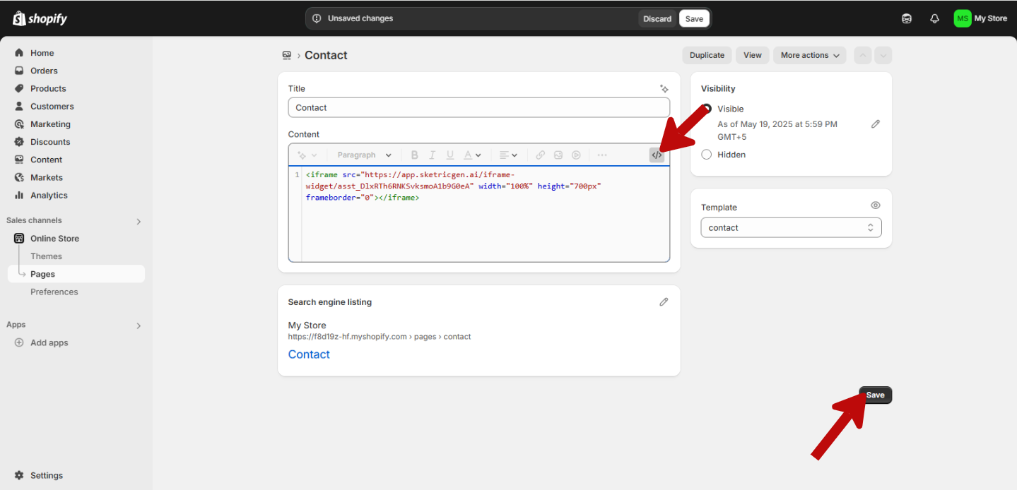Screenshot showing Shopify page editor with HTML/code editor and Save button