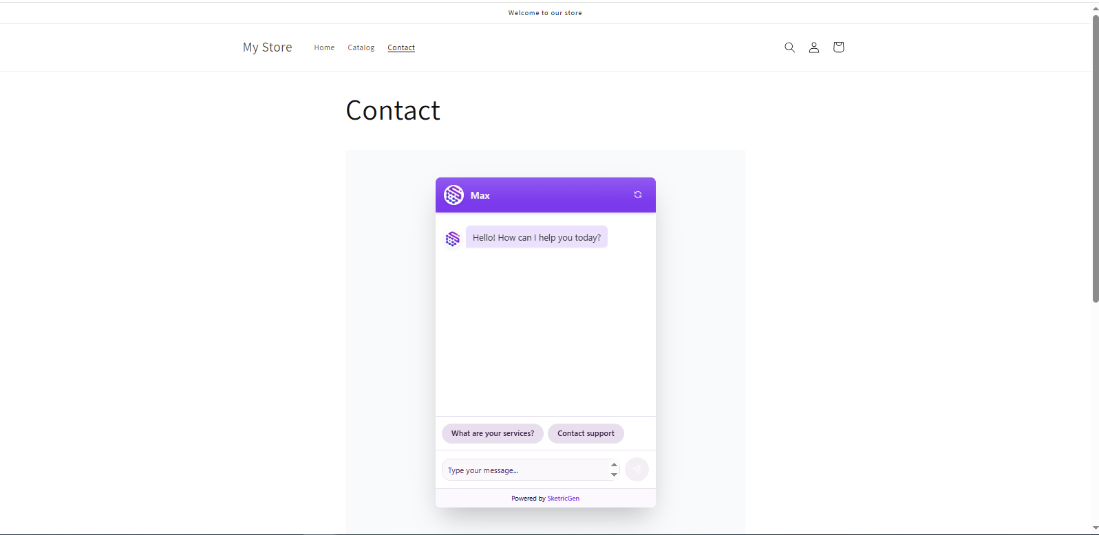 Screenshot showing Shopify website with embedded SketricGen chat widget