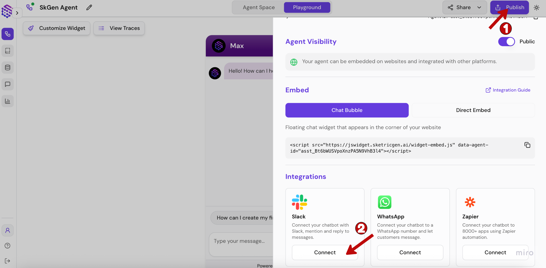 Screenshot showing SketricGen Slack integration panel with Connect button in the Publish sidebar