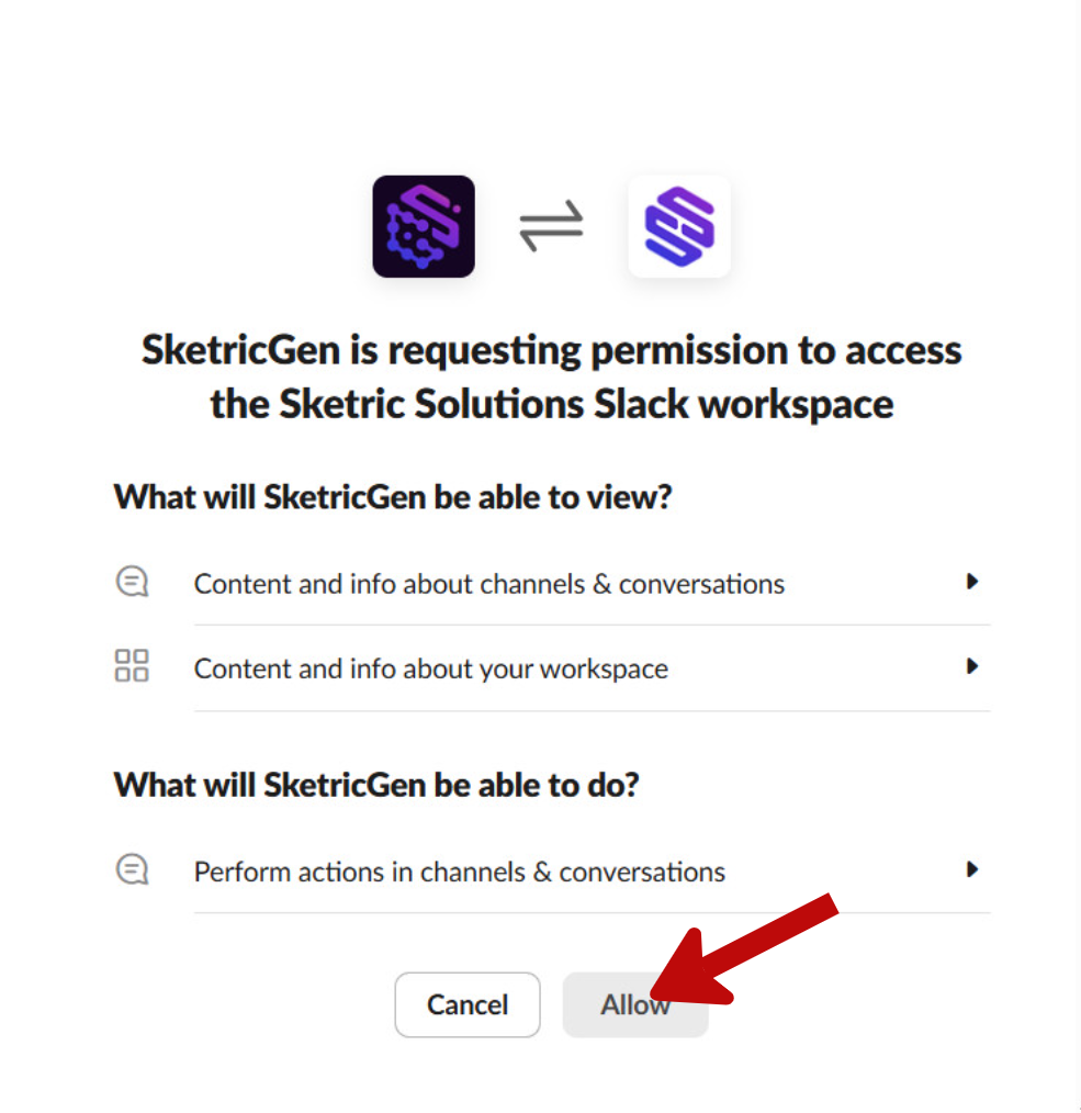 Screenshot showing Slack permission grant interface for SketricGen workspace access
