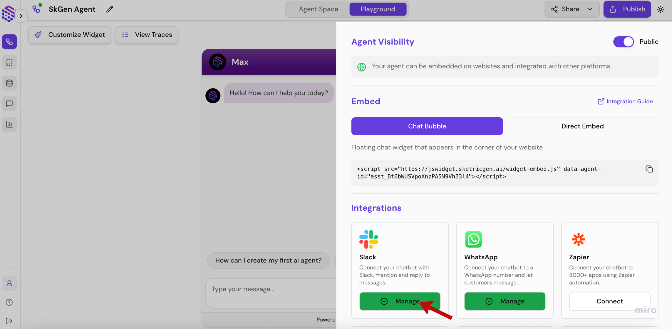 Screenshot showing SketricGen Slack integration panel with Manage button after successful connection