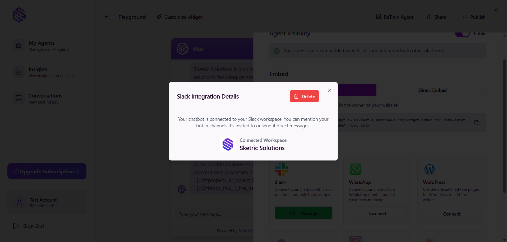 Screenshot showing SketricGen Slack integration details and configuration options