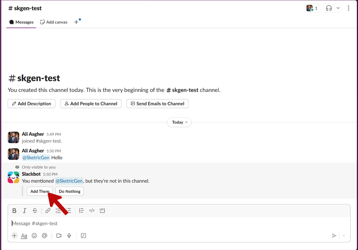 Screenshot showing Slack channel with @sketricgen bot mention and invitation prompt