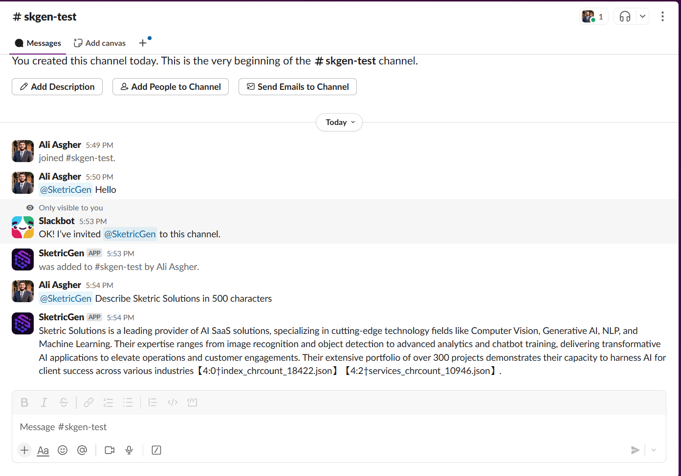 Screenshot showing Slack channel with SketricGen bot responding to user questions