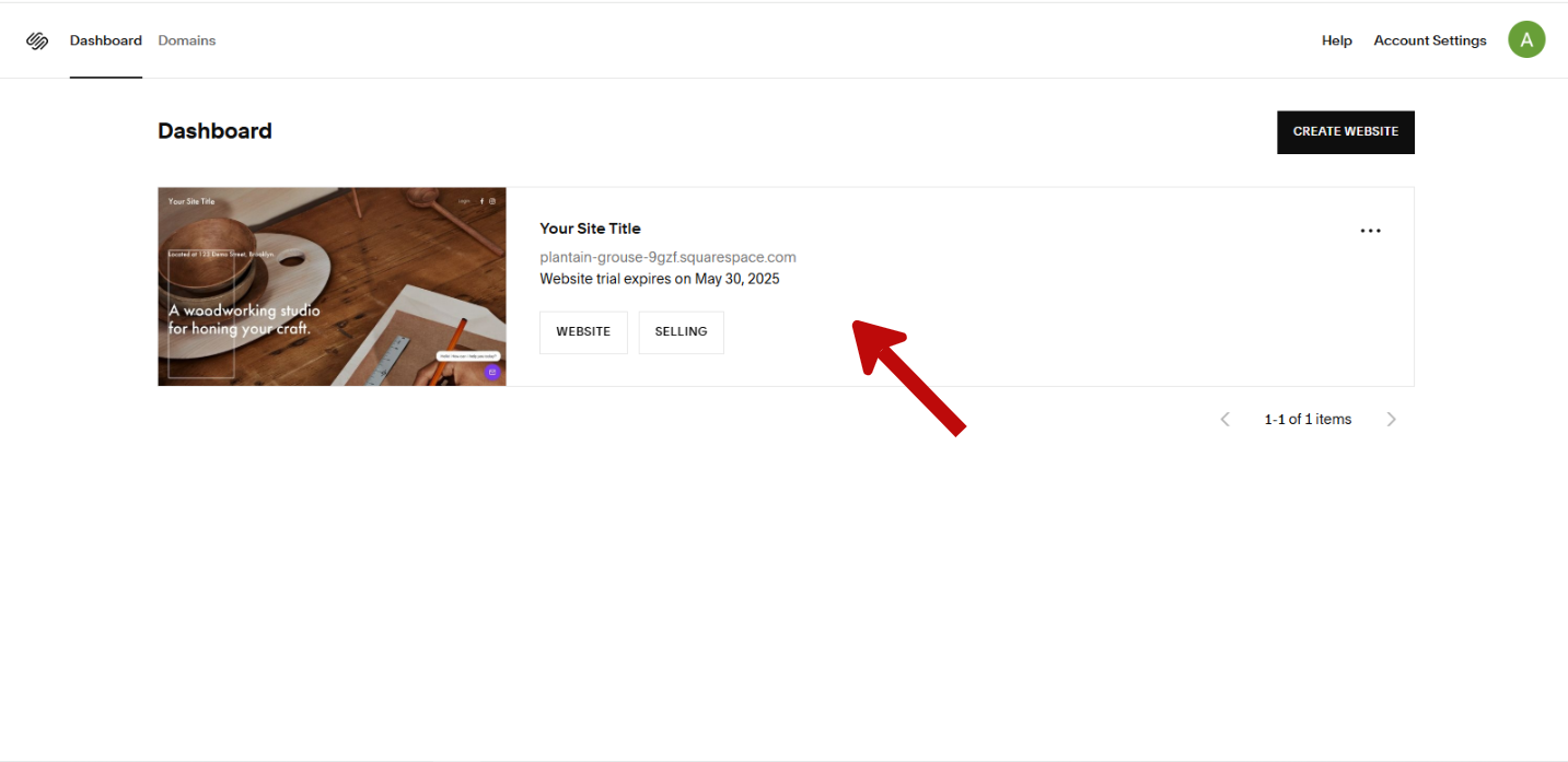 Screenshot showing Squarespace dashboard with site selection interface