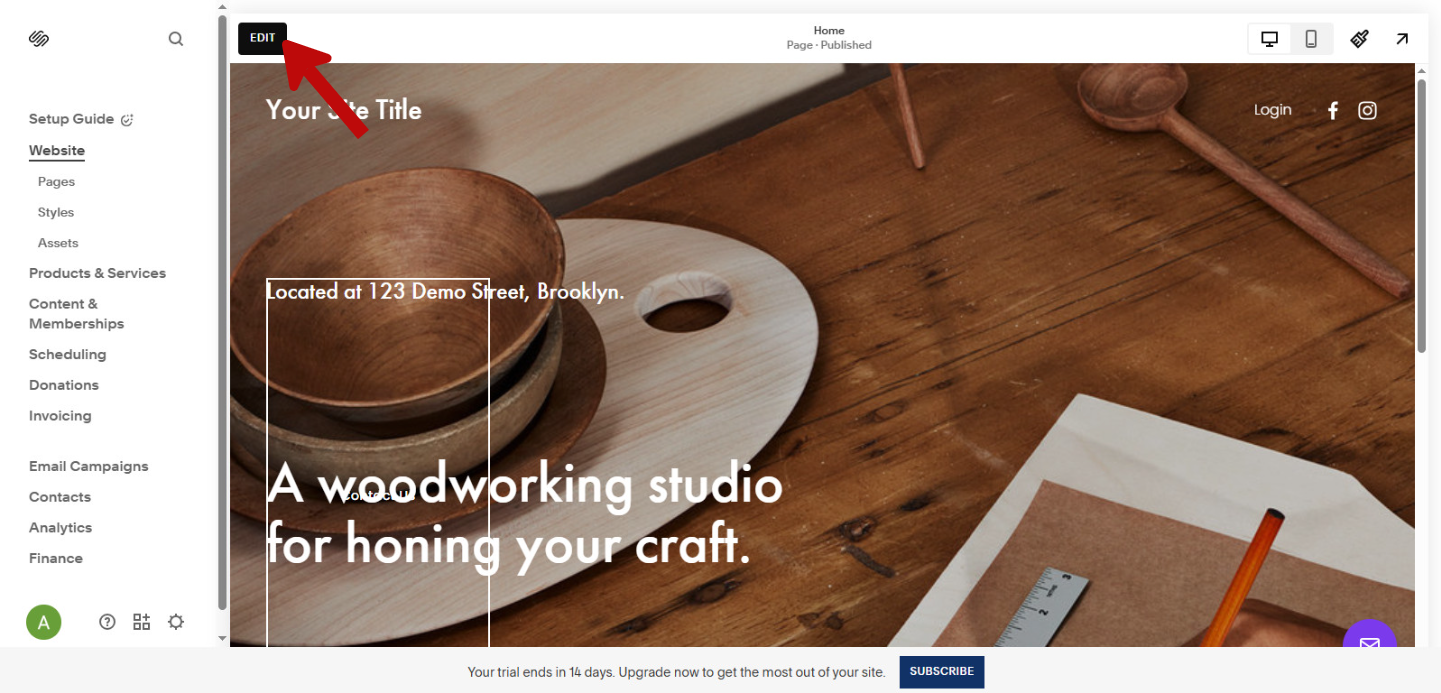 Screenshot showing Squarespace site editor with Edit button