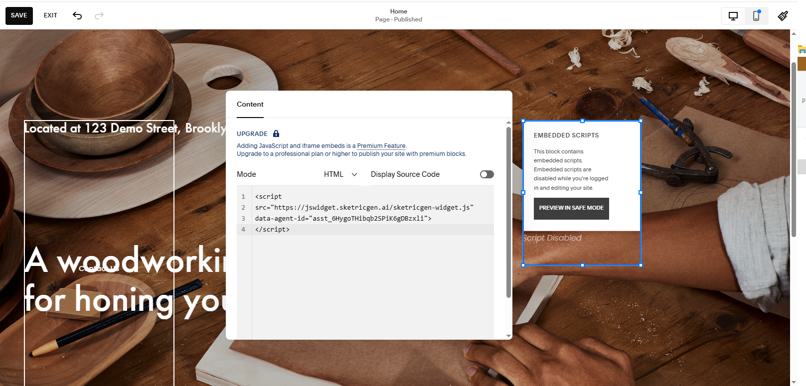 Screenshot showing Squarespace Code Block editor with embed code input
