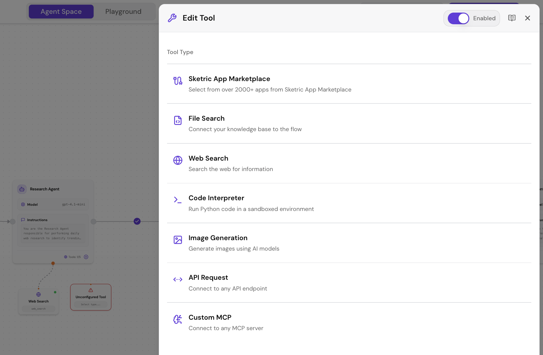 Tools marketplace interface showing available tools including Sketric App Marketplace, File Search, Web Search, Code Interpreter, API Request, and Custom MCP