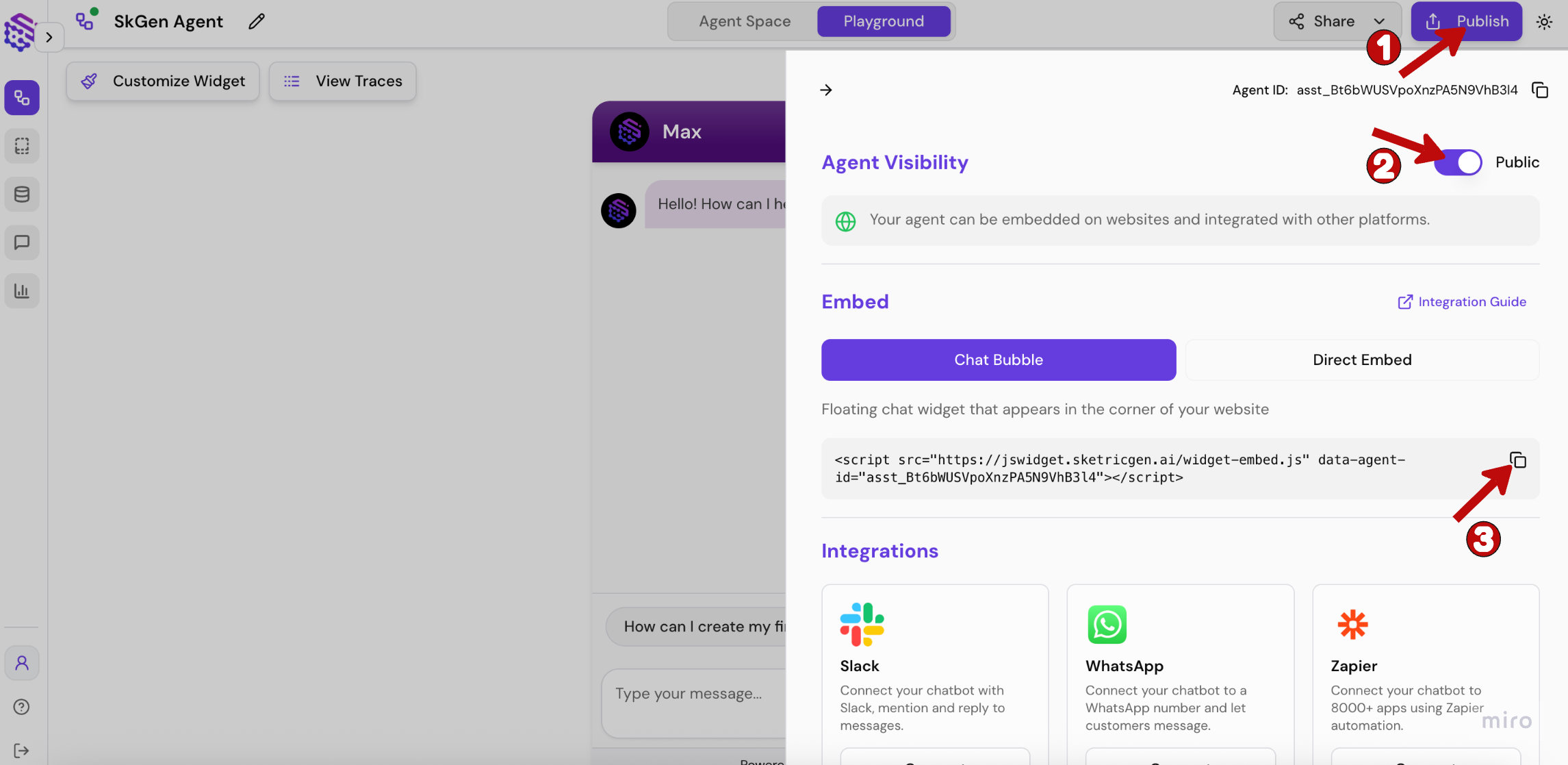 Screenshot showing SketricGen dashboard with Publish button and embed code copy option