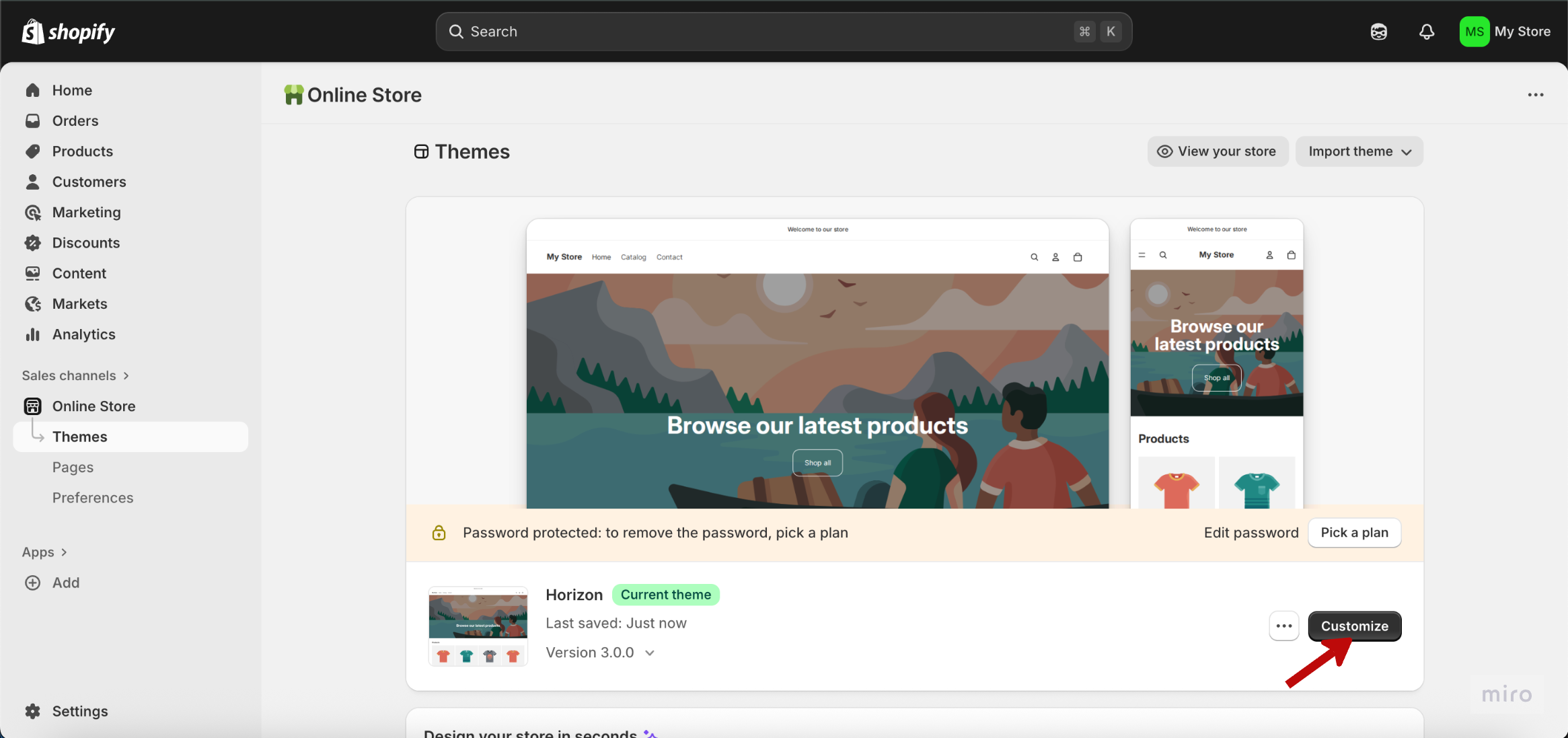 Screenshot showing Shopify admin dashboard with Customize theme option