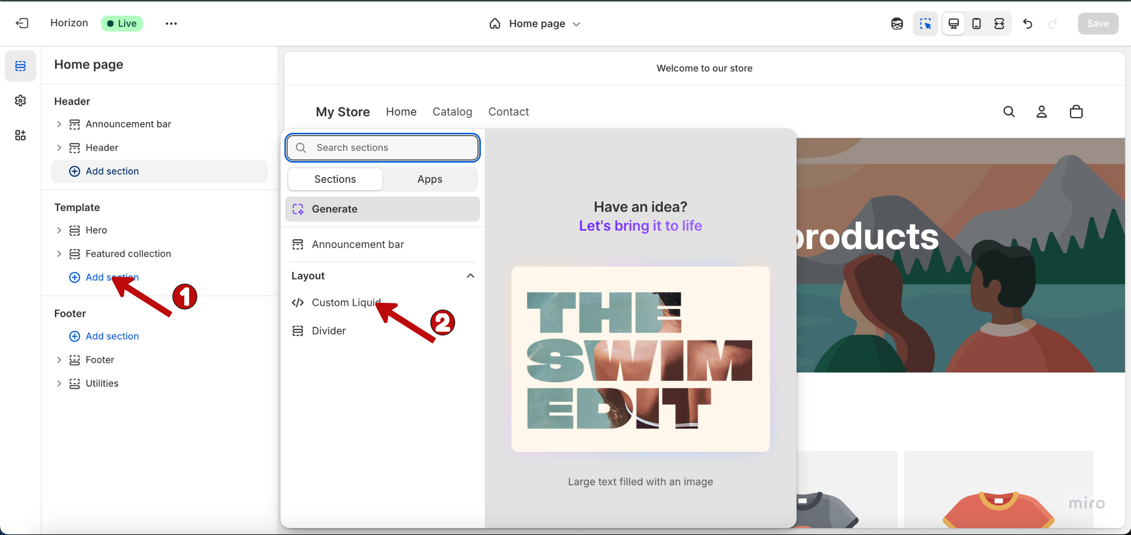 Screenshot showing Shopify theme customizer with Add Custom Liquid Section option